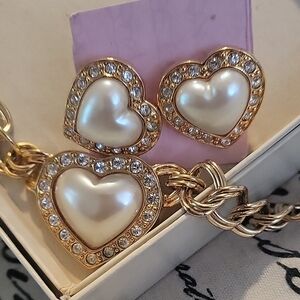 Gold Pearl Heart Earrings and Bracelet Set. VINTAGE AVON